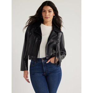 Jeans Women's Faux Leather Asymmetrical Zip Cropped Fringe Jacket, Sizes XS-XXL